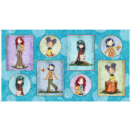 Garden Girls Girl Patches Bubbles Blue Panel Ninette Parisi Quilting Treasures Cotton Fabric