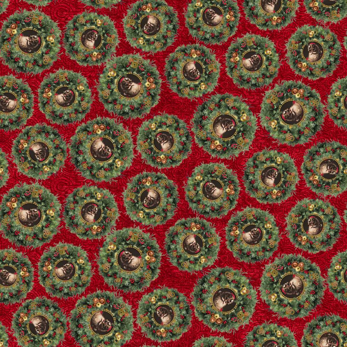 Gears & Garland Christmas Wreaths with Santa Red Urban Essence Blank Quilting Cotton Fabric BQ-4821-88 | US Fabric Shop