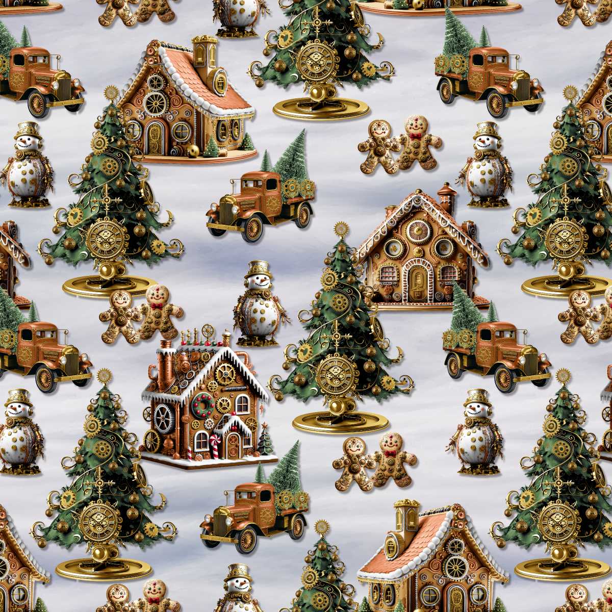 Gears & Garland Gingerbread Houses Snowmen Christmas Trees Light Gray Urban Essence Blank Quilting Cotton Fabric BQ-4820-90 | US Fabric Shop
