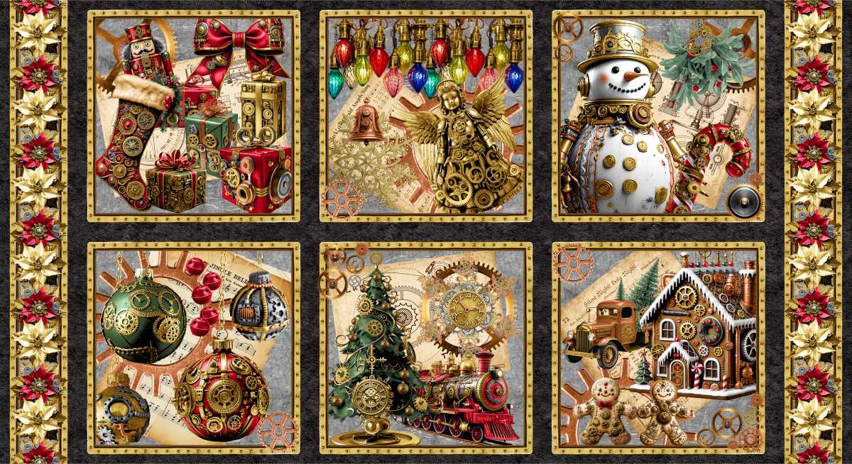 Gears & Garland Steampunk Blocks 24" Black Urban Essence Blank Quilting Cotton Fabric BQ-4830B-99 | US Fabric Shop