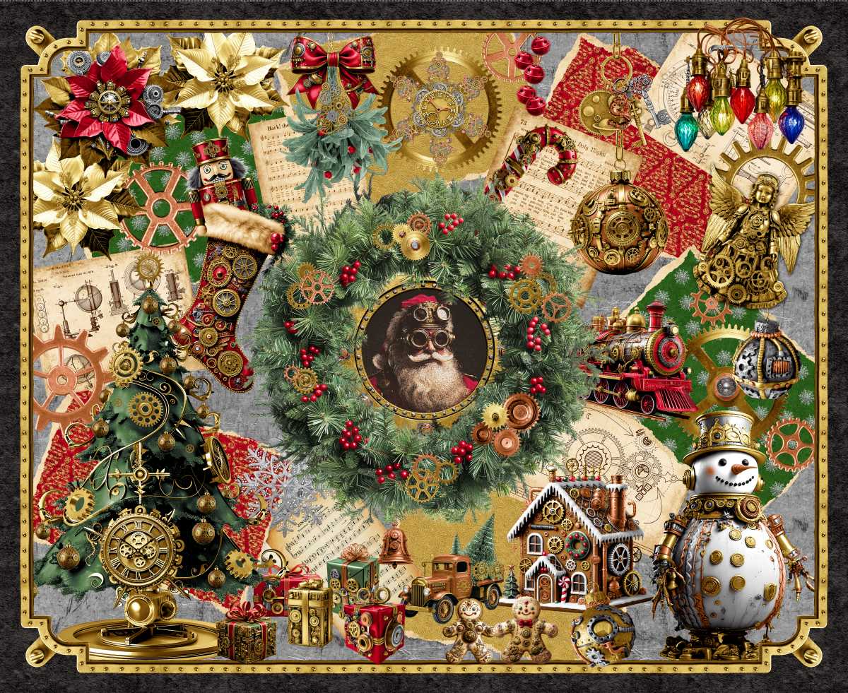 Gears & Garland Steampunk Christmas Panel 36" Urban Essence Blank Quilting Cotton Fabric BQ-4833P-88 | US Fabric Shop