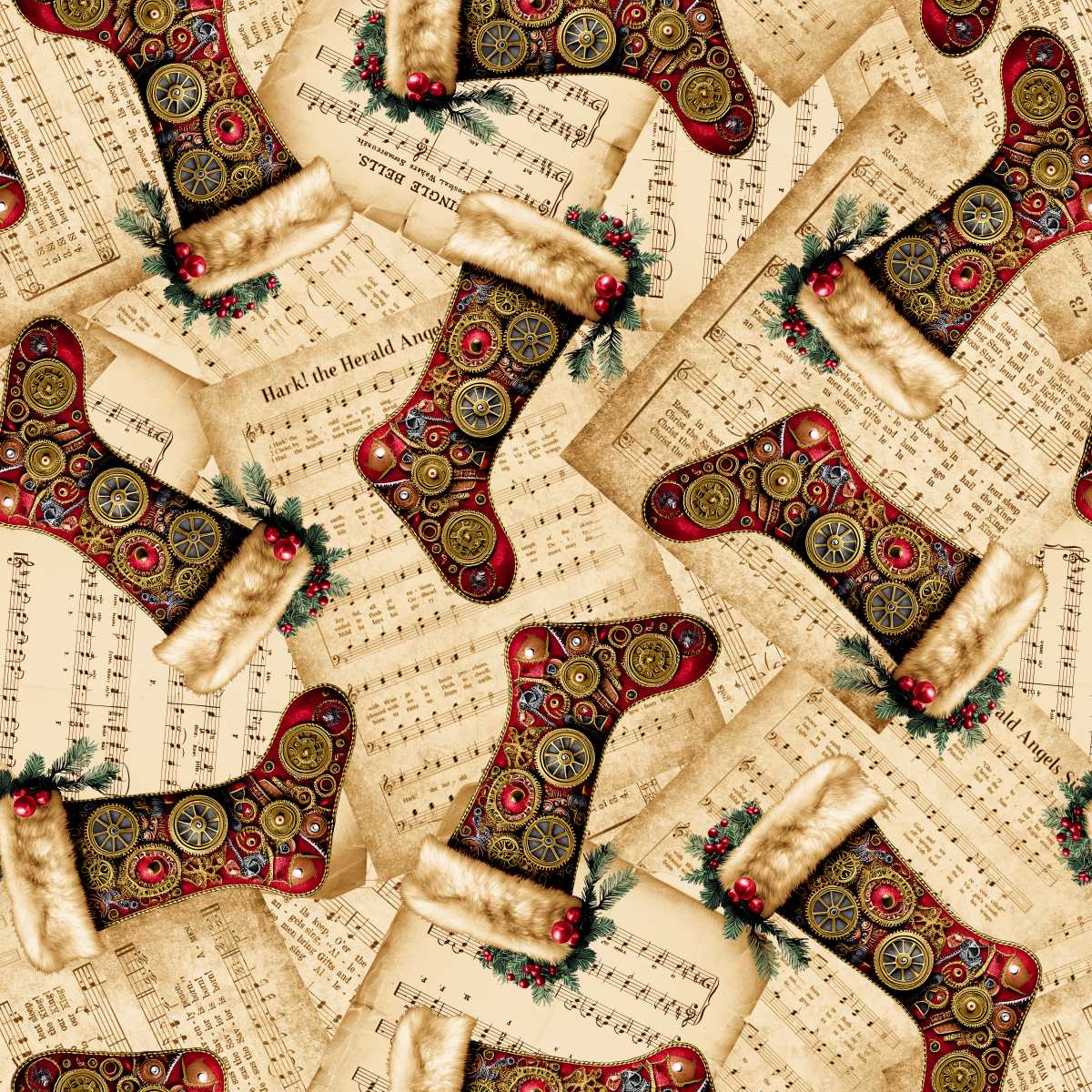 Gears & Garland Steampunk Christmas Sheet Music Stockings Parchment Beige Urban Essence Blank Quilting Cotton Fabric BQ-4818-41 | US Fabric Shop