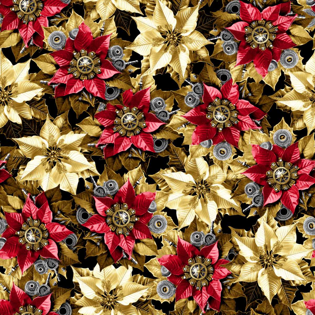 Gears & Garland Steampunk Poinsettias Red Urban Essence Blank Quilting Cotton Fabric BQ-4826-88 | US Fabric Shop