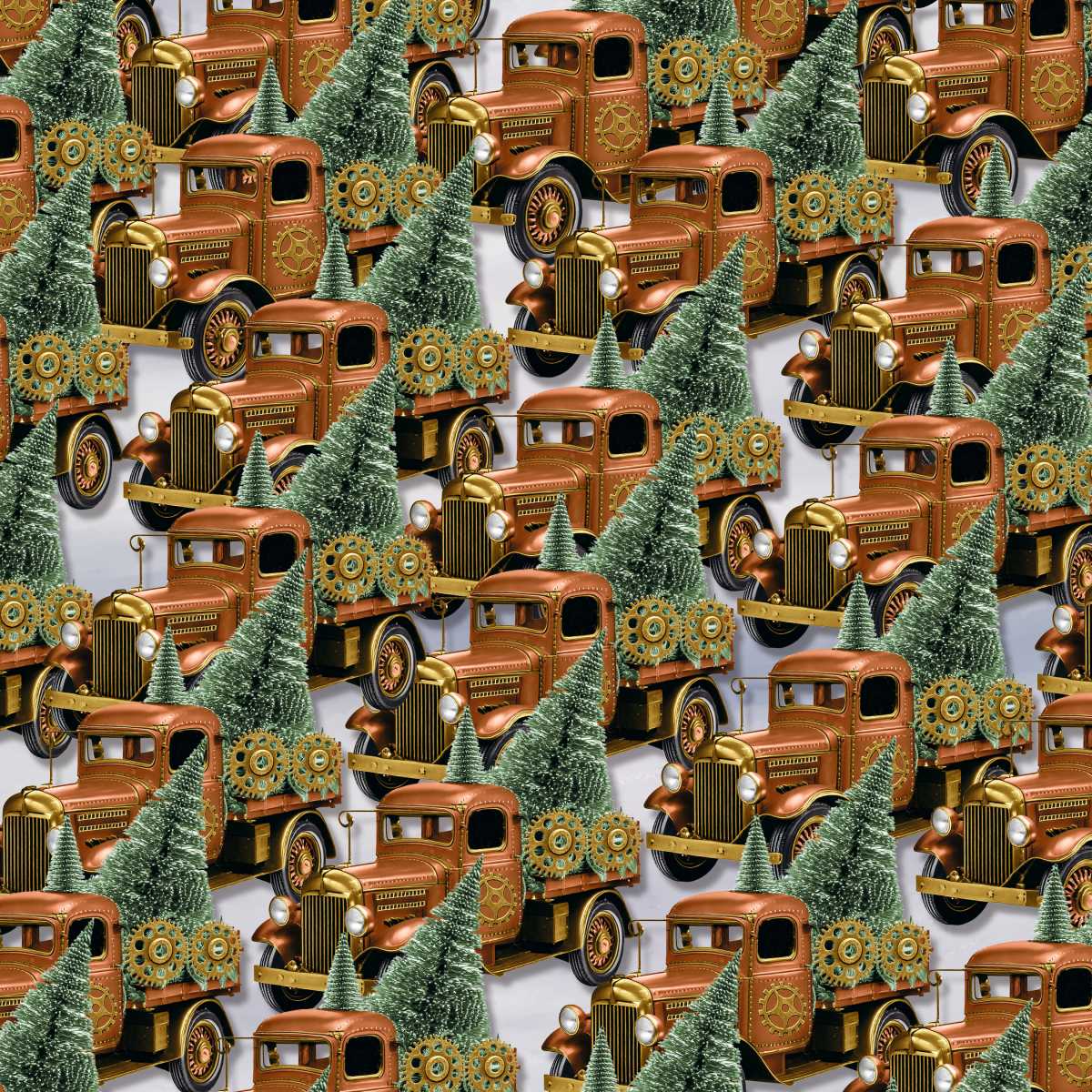 Gears & Garland Steampunk Truck with Christmas Tree Copper Brown Urban Essence Blank Quilting Cotton Fabric BQ-4828-35 | US Fabric Shop
