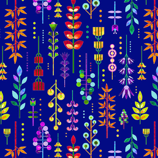 Geofetti II Geo Floral Garden Royal Blue Multi Art Loft Studio E Cotton Fabric
