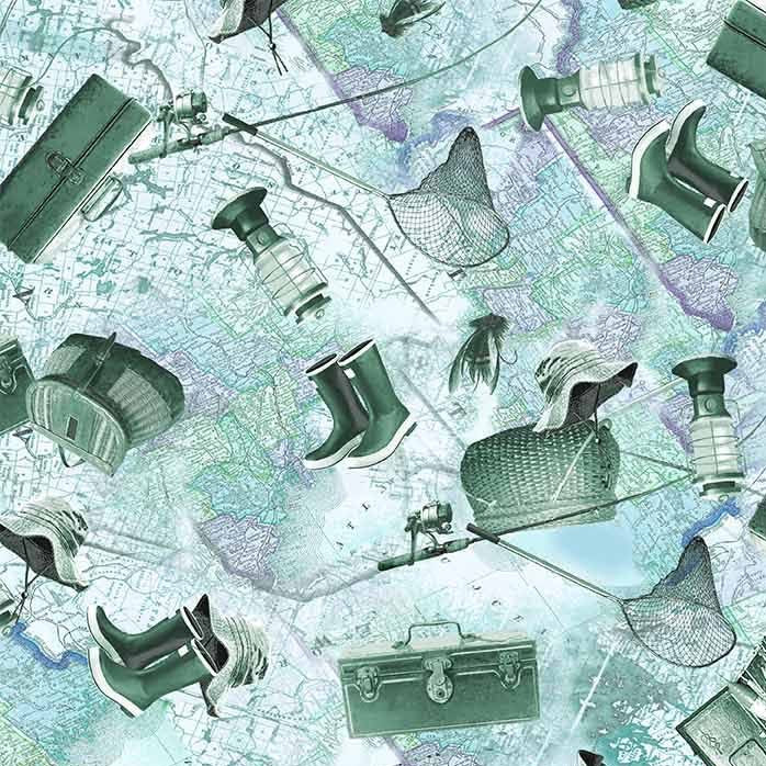 Girls Gone Fishing Anglers Hangout Slate Blue Michael Miller Cotton Fabric MM-DCX11945-SLAT-D