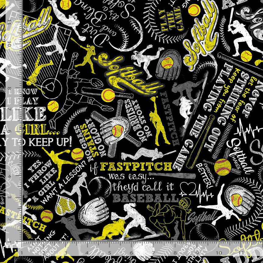 Girls Softball Text Cheer Squad Sport black Timeless Treasures Cotton Fabric