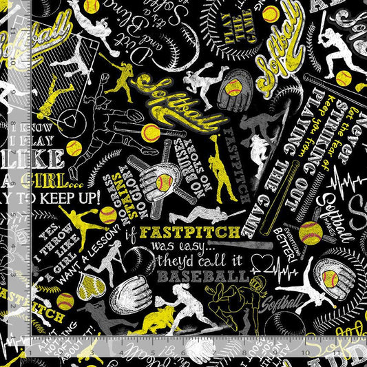 Girls Softball Text Cheer Squad Sport black Timeless Treasures Cotton Fabric TT-CD1694 Black