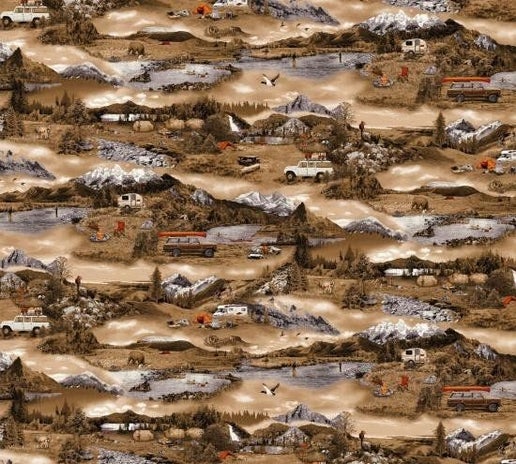 Glamping Camper Parks and Recreation Mountains Trees Trailer Brown Studio E Cotton Fabric