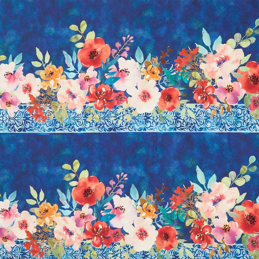 Glorious Garden Border Floral Blue Kathleen Winslow Gardner In the Beginning Fabrics Cotton Fabric ITB-1GAR-1