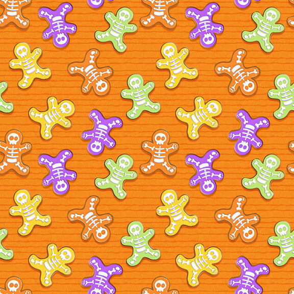 Glow Ghosts Skeleton Bones Orange Shelly Comiskey Henry Glass Cotton Fabric