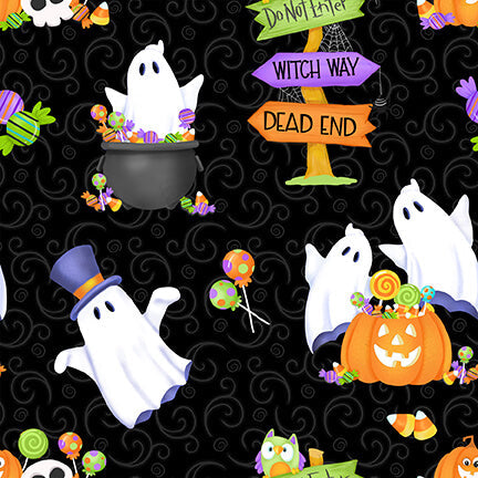 Glow Ghosts Tossed Ghosts Pumpkins and Candy Black Shelly Comiskey Henry Glass Cotton Fabric