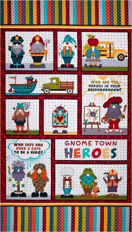 Gnome Town Heroes Banner Panel 24" Red Henry Glass Cotton Fabric