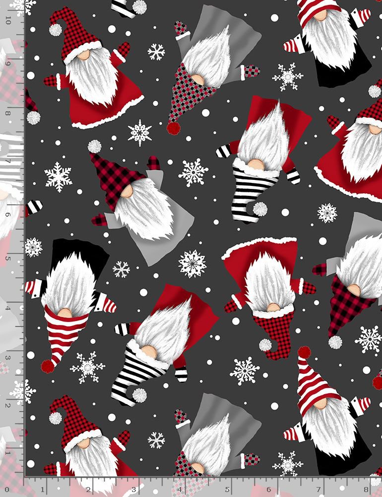 Gnome for the Holidays Winter Gnomes & Snowflakes Tossed Charcoal Black Gail Cadden Timeless Treasures Cotton Fabric