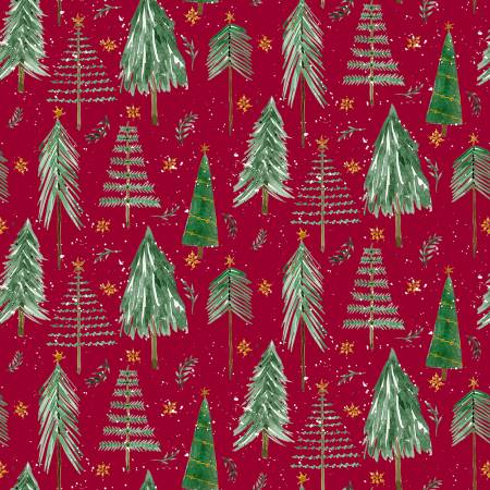 Gnomes Home Tree Farm Trees Metallic Red Audry Jeanne P&B Textiles Cotton Fabric