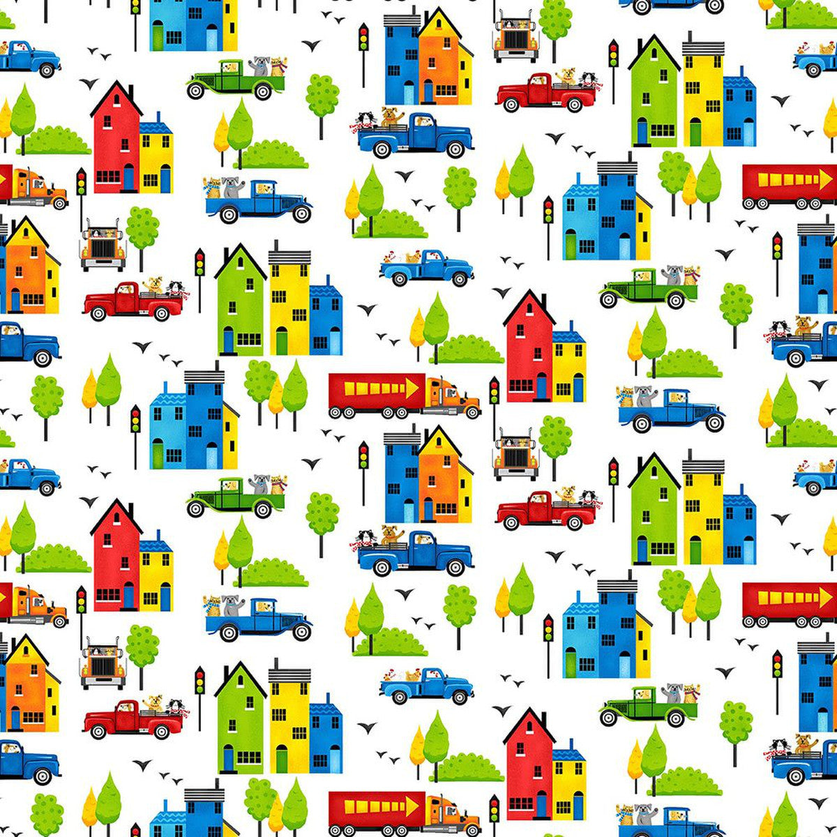 Go-Go Town Trucks Animals White Kate Mawdsley Henry Glass Cotton Fabric HG-1133-01