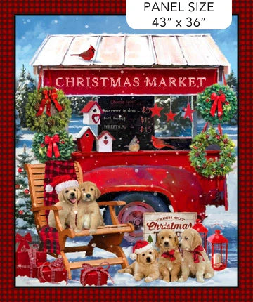 Golden Christmas Panel 36" Golden Retriever Cart Red Multi Jason Kirk Northcott Cotton Fabric