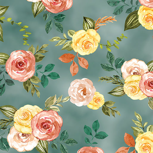 Gone Country Floral Rose Teal Green Nicole Decamp Benartex Cotton Fabric BE-14805-84