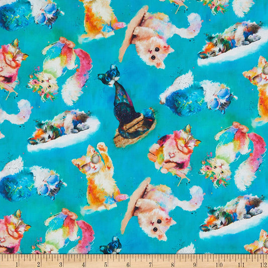 Good Kitty Tossed Cats Turquoise Blue Connie Haley 3 Wishes Cotton Fabric