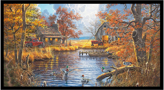 Good Old Days Cabin Lake Ducks Panel 24" Black Elizabeth Studio Cotton Fabric