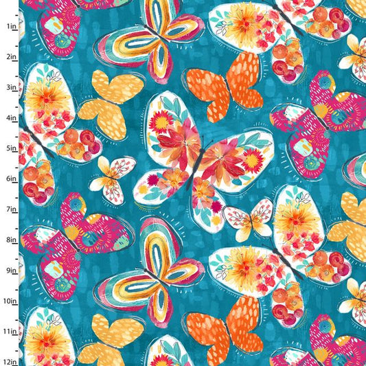 Good Vibes Butterflies Blue 3 Wishes Cotton Fabric