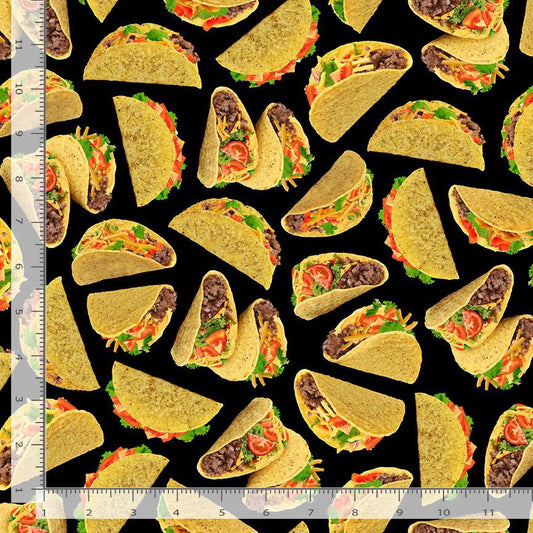 Got the Munchies Delicious Hard Shell Tacos Black Timeless Treasures Cotton Fabric TT-FOOD-CD2216-BLACK