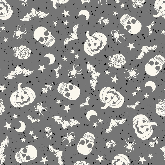 Goth Gardens Floating Pumpkins and Skulls Grey Maywood Studio Cotton Fabric MS-MAS10852-K | US Fabric Shop