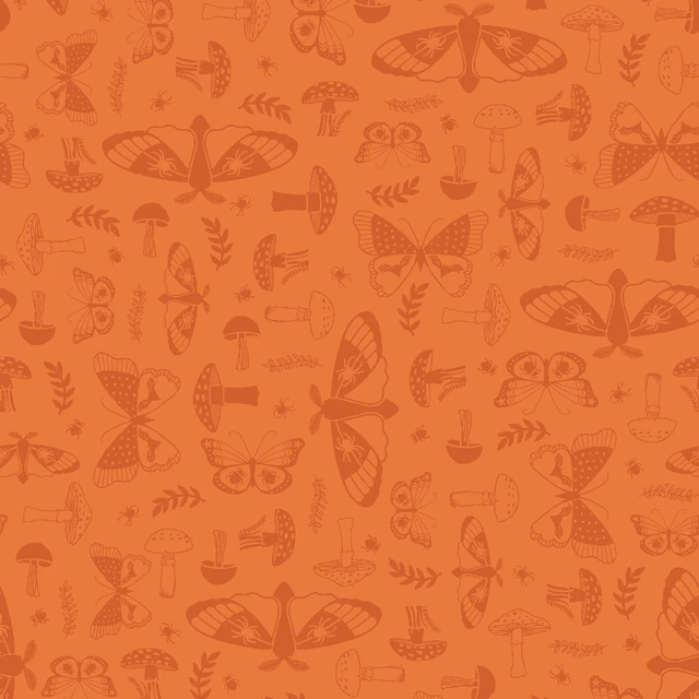 Goth Gardens Moths and Mushrooms Orange Maywood Studio Cotton Fabric MS-MAS10853-O