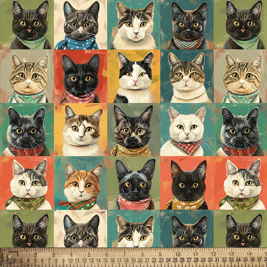 Grid Cats 2 Kittens Multi David Textiles Cotton Fabric DT-DX-7066-5C-1