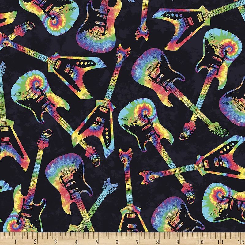 Guitars Groovy Tie Dye Guitars Black Timeless Treasures Cotton Fabric