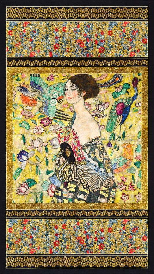 Gustav Klimt Lady with a Fan Panel 24" Gold Metallic Robert Kaufman Cotton Fabric RK-SRKDM-22726-133