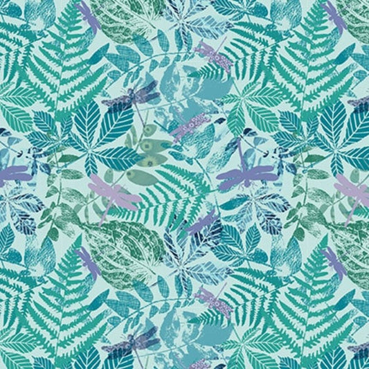 Gypsy Flutter Leaves & Dragonflies Mint Blue Elsie Ess Blank Quilting Cotton Fabric