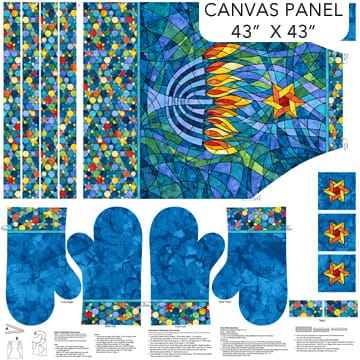 Hanukkah Lights Apron Panel 43" Blue Multi Deborah Edwards & Elena Belokrinitski Northcott Fabrics Cotton CANVAS NC-C28988-46 | US Fabric Shop