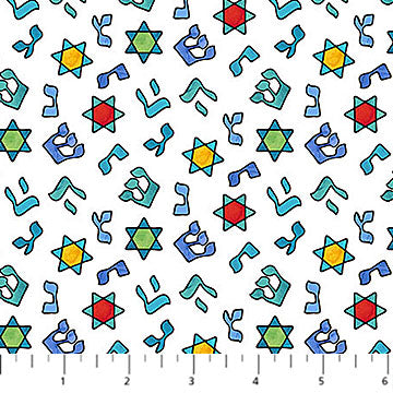 Hanukkah Lights Hebrew Letters White Multi Deborah Edwards & Elena Belokrinitski Northcott Fabrics Cotton Fabric NC-DP28985-10