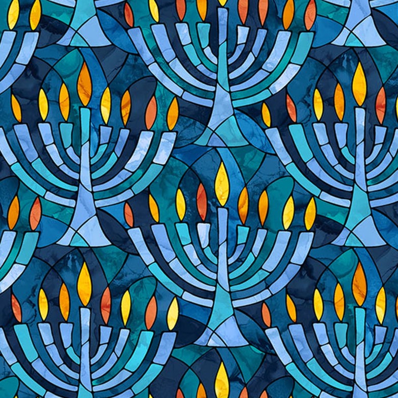 Hanukkah Lights Menorahs Blue Multi Deborah Edwards & Elena Belokrinitski Northcott Fabrics Cotton Fabric NC-DP28981-46