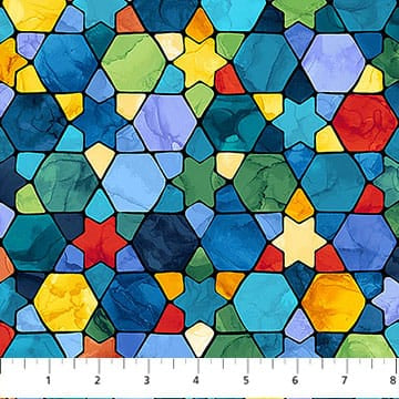 Hanukkah Lights Multistained Glass Blue Multi Deborah Edwards & Elena Belokrinitski Northcott Fabrics Cotton Fabric NC-DP28982-46 | US Fabric Shop