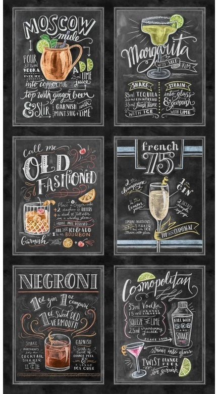 Happiest Hour Cocktail Block Panel 24" Black Lily & Val Michael Miller Cotton Fabric