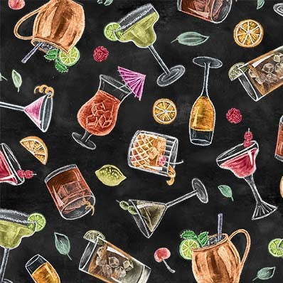 Happiest Hour Craft Cocktail Black Lily & Val Michael Miller Cotton Fabric