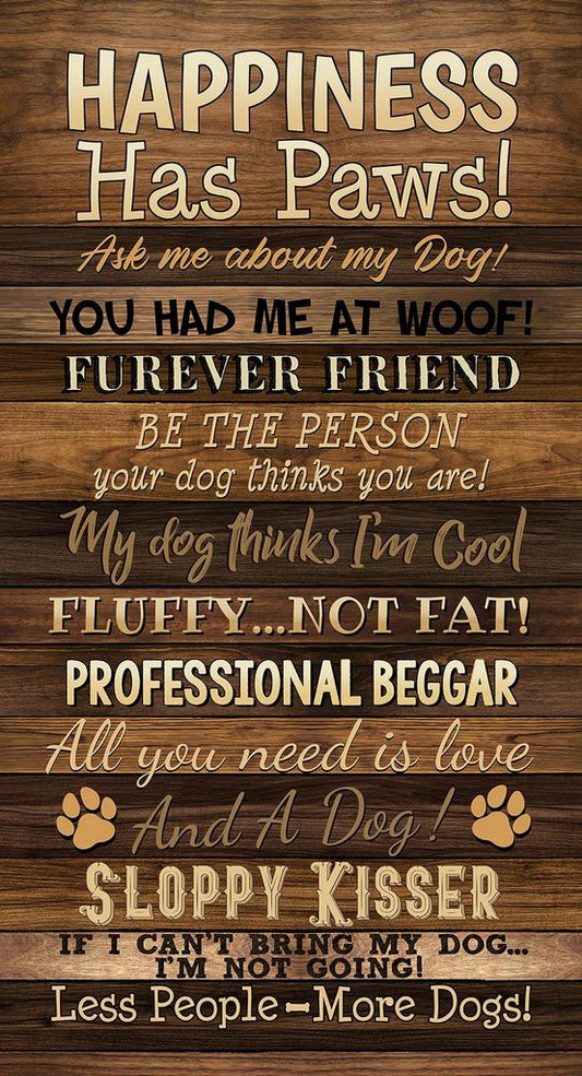 Happiness Has Paws Word Panel 24" Timeless Treasures Cotton Fabric TT-PANEL-CD3316-BROWN