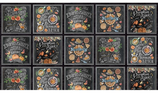 Happy Pie Season Hot Apple Cider Block Panel 17" Black Lily & Val Michael Miller Cotton Fabric MM-DDC11744-BLAC-D