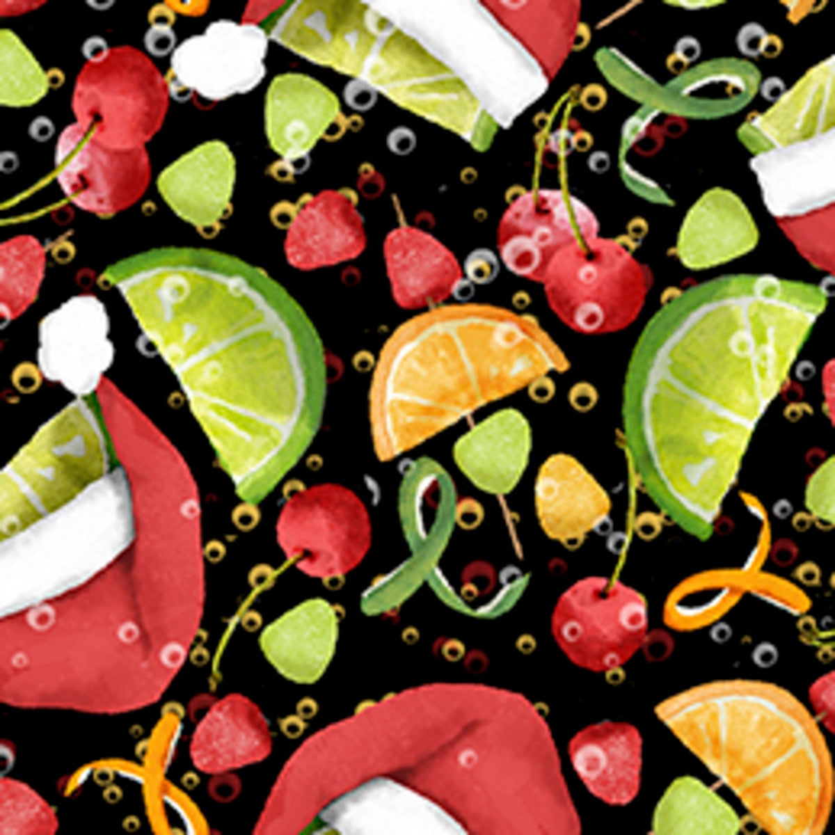 Happy Alcoholidays Santa's Fruit Fiesta Black Deane Beesley 3 Wishes Cotton Fabric 3W-24570-BLK