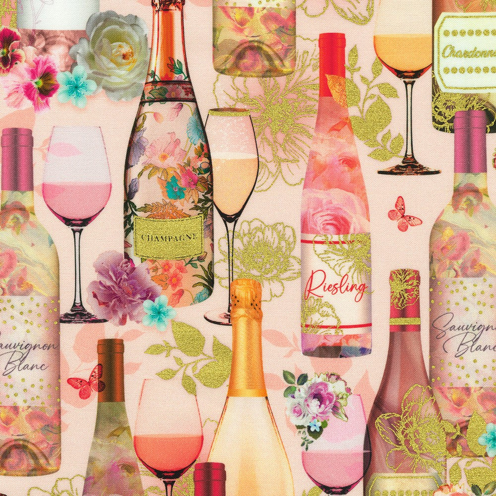 Happy Hour Wine Bottle and Glass Floral Blush Pink Lara Skinner Robert Kaufman Cotton Fabric RK-AINDM-22743-96