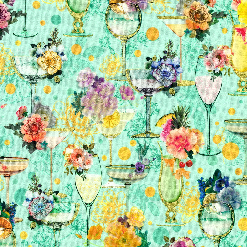 Happy Hour Wine Glass Floral Mint Blue Lara Skinner Robert Kaufman Cotton Fabric RK-AINDM-22744-32