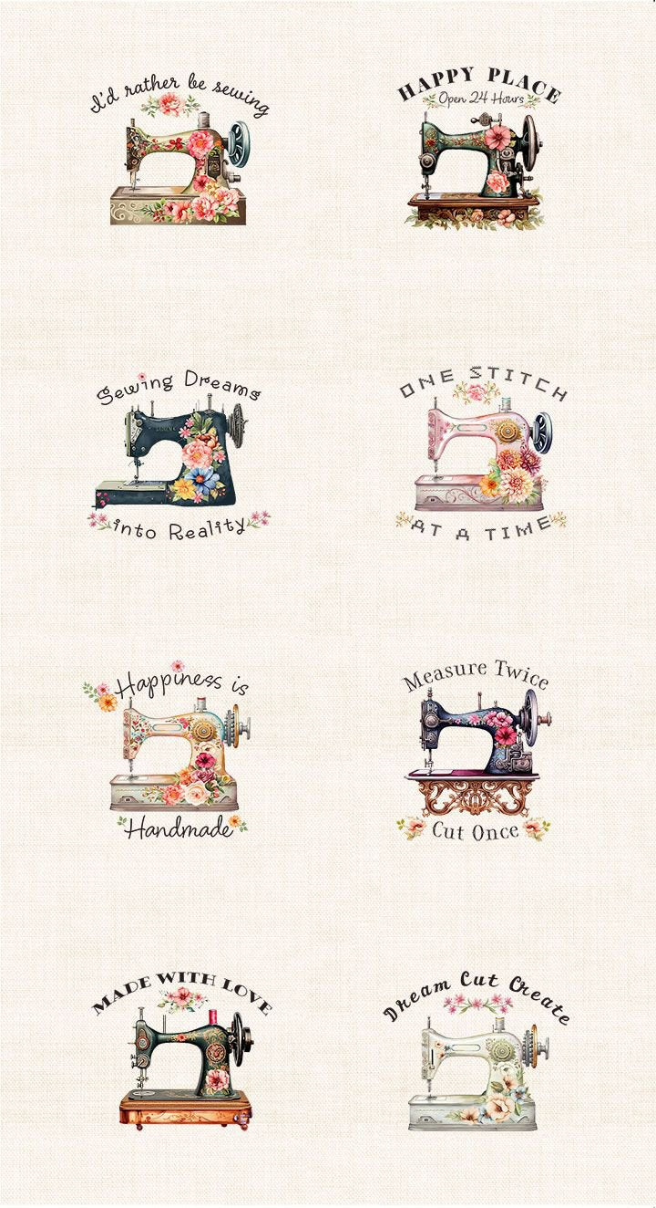Happy Place Floral Sewing Machines Panel 24" Cream Timeless Treasures Cotton Fabric TT-PANEL-CD3873-CREAM
