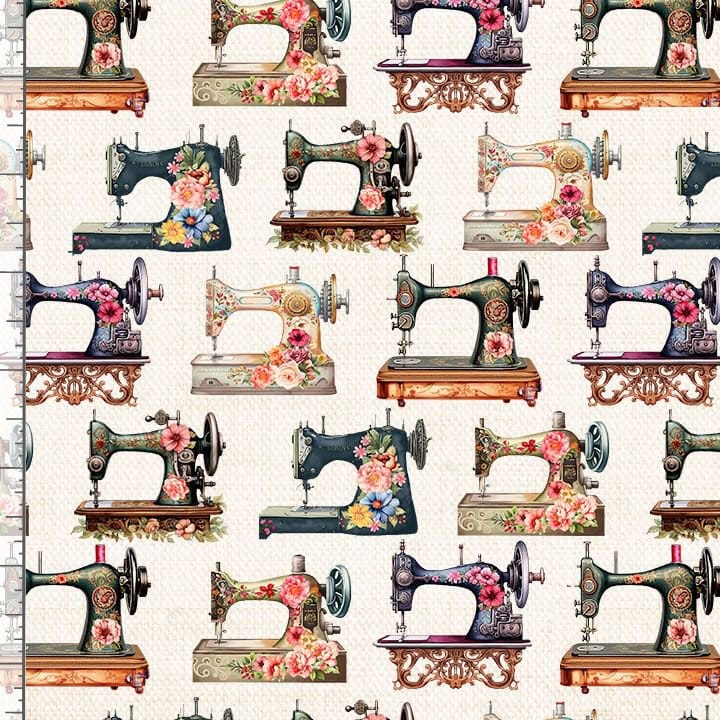 Happy Place Floral Sewing Machines Ecru Cream Timeless Treasures Cotton Fabric TT-SEW-CD3874-ECRU | US Fabric Shop