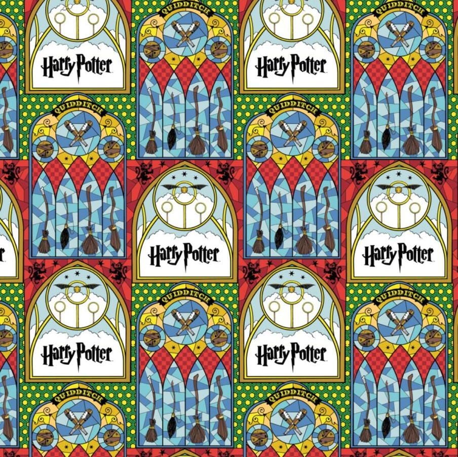 Harry Potter Quidditch Stained Window Houses Crests Green Cotton Fabric CI-16028557