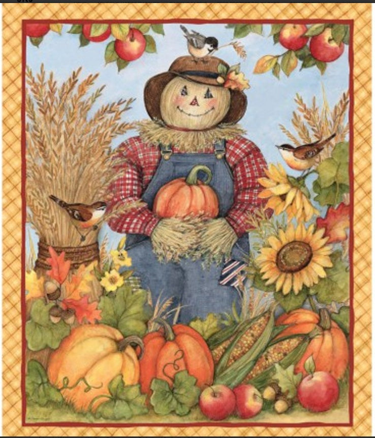 Harvest Scarecrow Panel 36" Pumpkin Sunflower Bird Apple Wheat Springs Creative Cotton Fabric