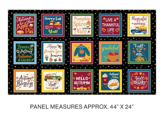 Hayrides & Happiness Autumn Boxes Black Panel 24" Kanvas Studio Benartex Cotton Fabric