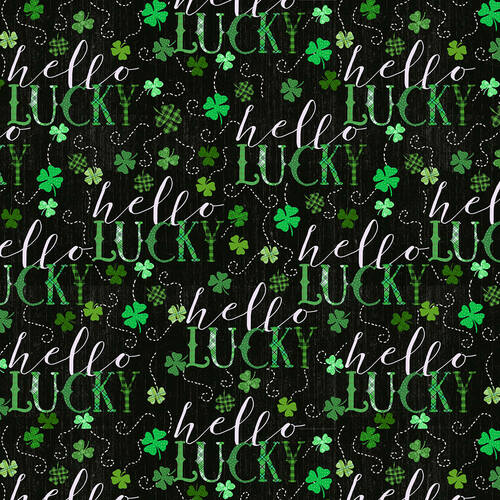 Hello Lucky Word Print Black Green Andrea Tacheira Henry Glass Cotton Fabric HG-9738-69