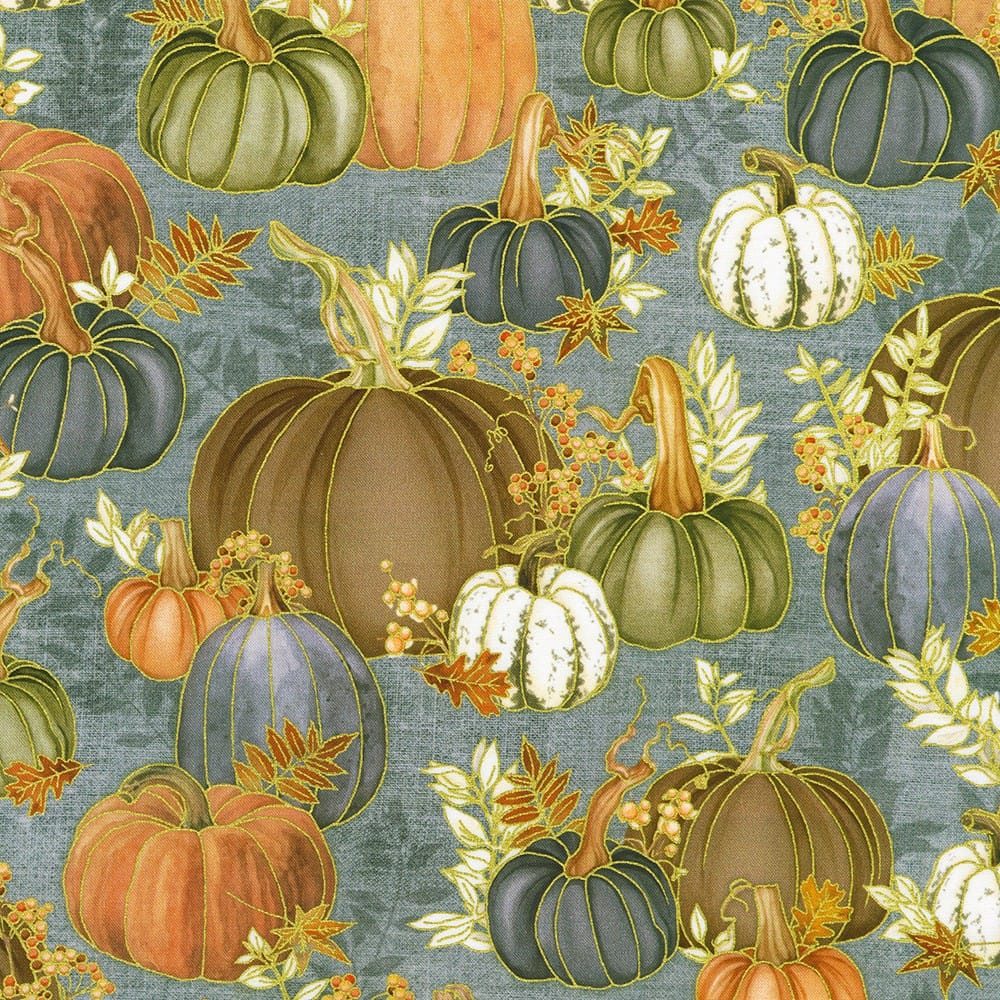 Hello Fall Pumpkins Florals Dusty Blue Gold Metallic Lynnea Washburn Robert Kaufman Cotton Fabric RK-AWHDM-23915-166 | US Fabric Shop